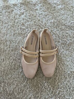 Cream Mesh Mary Jane flats with gold buckles